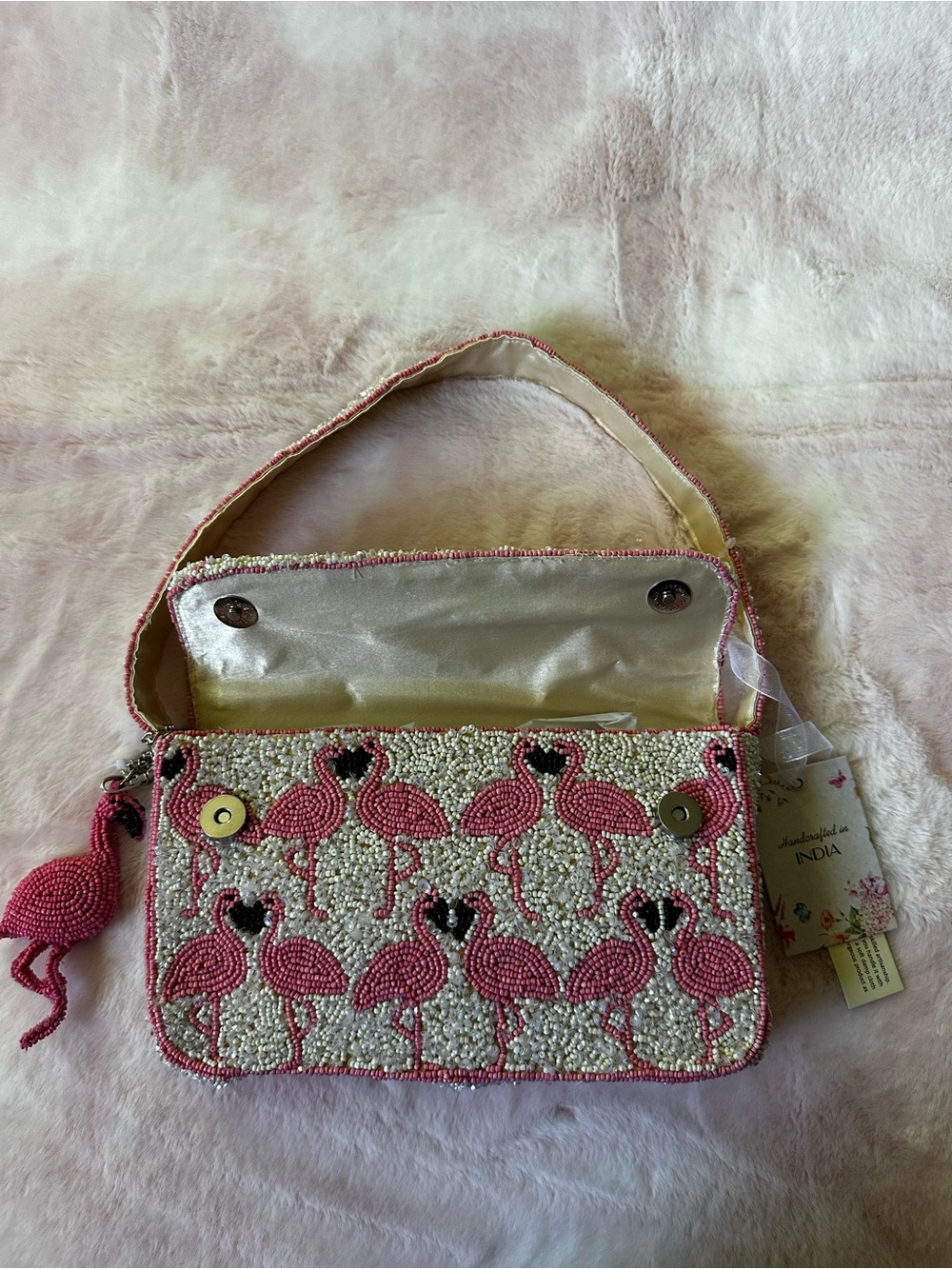 Flamingo Pink Beaded Shoulder Bag Purse - Handcrafted in India NWT - Picture 2 of 9